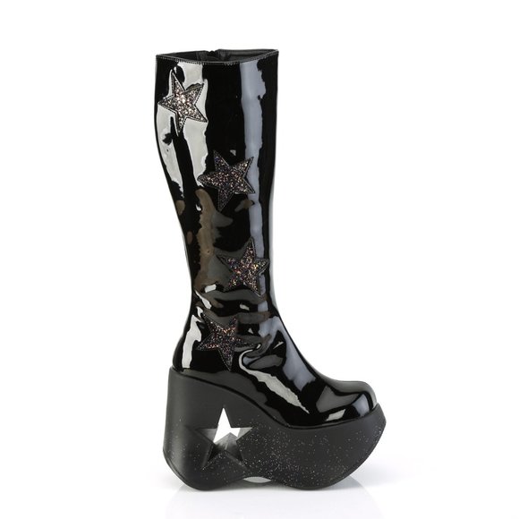 Demonia Dynamite 218 Black Glitter Knee High Platform Boots with Stars - Picture 3 of 9